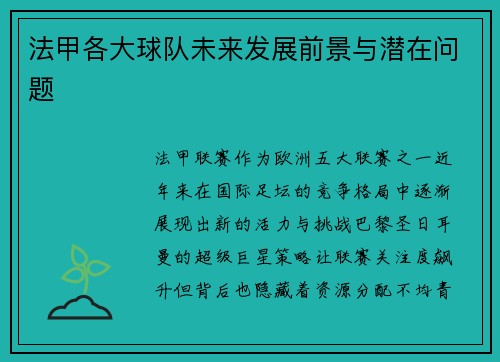 法甲各大球队未来发展前景与潜在问题