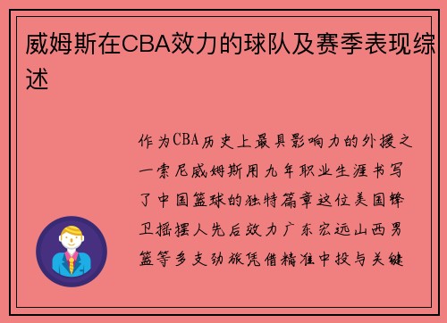 威姆斯在CBA效力的球队及赛季表现综述